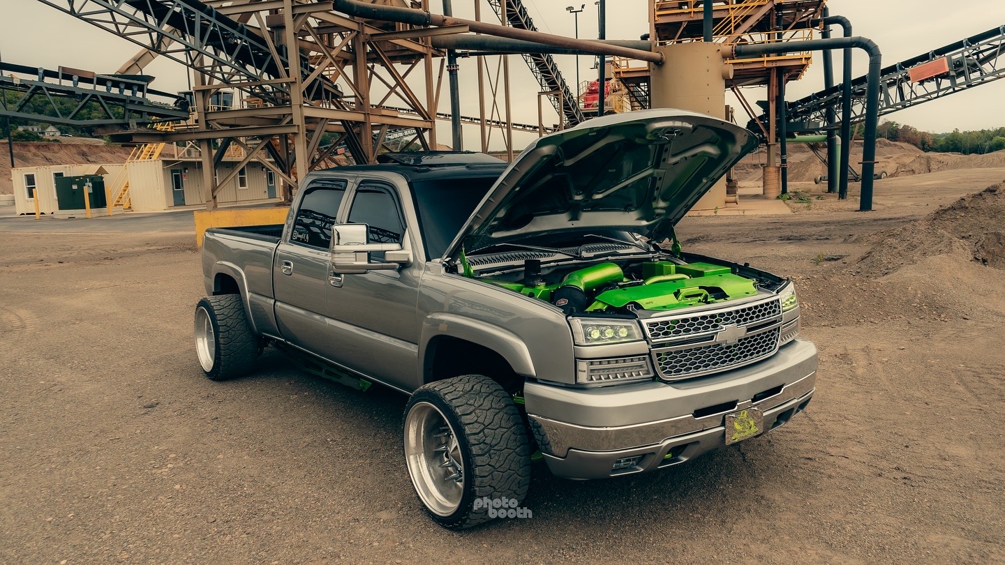 Custom diesel truck photographed at an industrial site